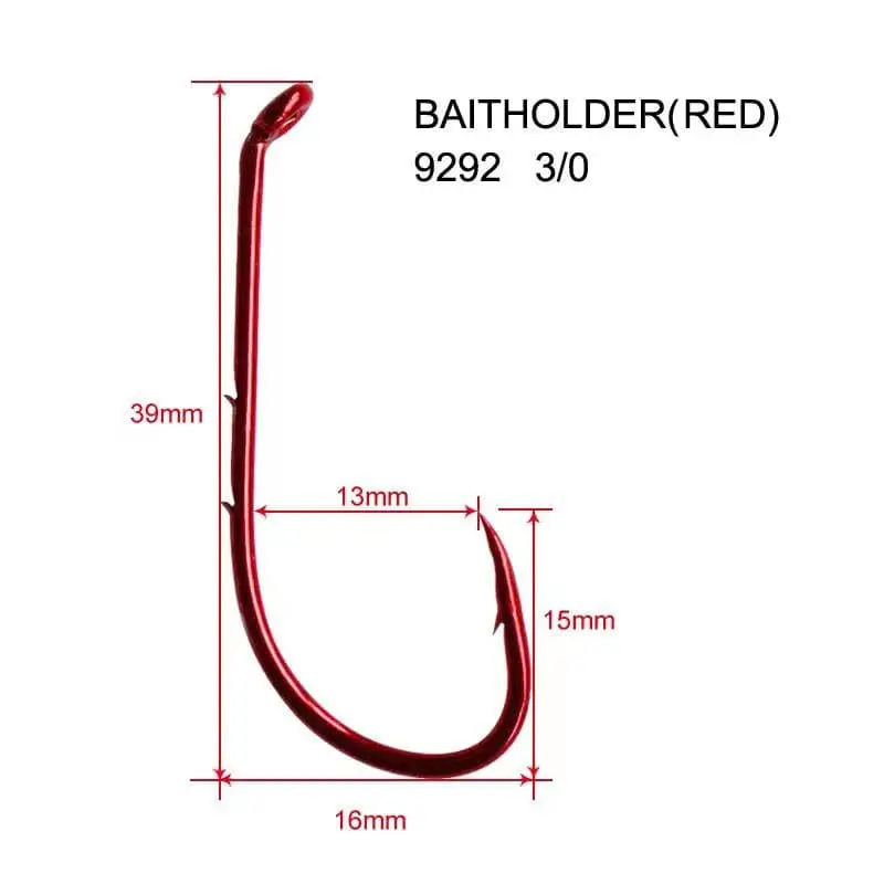 100-Pack Red 3/0 Baitholder Hooks – Chemically Sharpened, Bait-Retention Design
