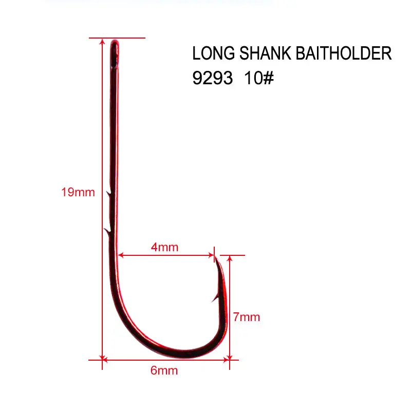 100-Pack Red Long Shank Baitholder Hooks – Size #10