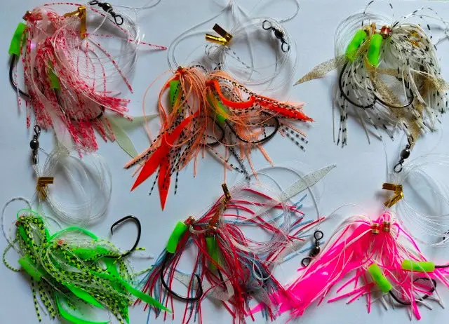 6-Pack Skirted Snapper Rigs – 5/0 Hooks, 60lb Leader, Six Vibrant Color Options