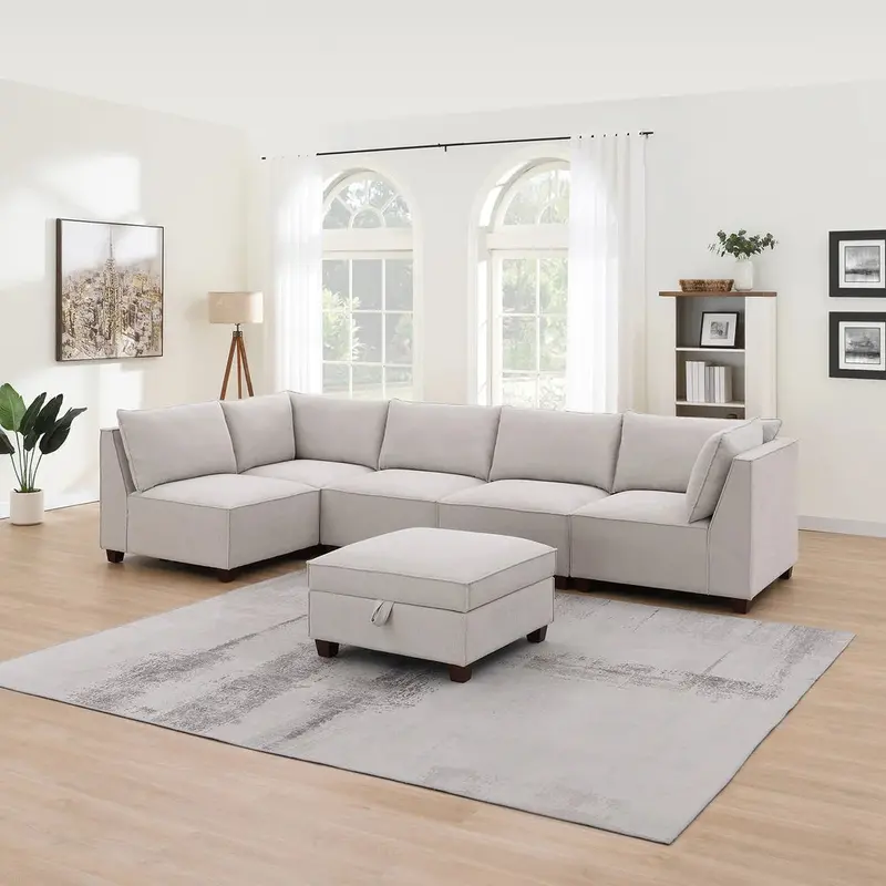6-Piece Modular Fabric Sectional Sofa with Built-In Storage Ottoman