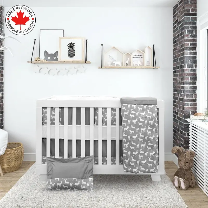 7-Piece Gray-and-White Deer-Themed Nursery Crib Bedding Set for Babies and Toddlers