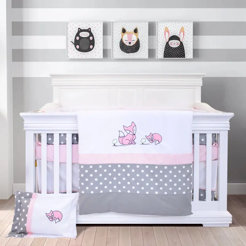 7-Piece Polka Dot Crib Bedding Set with Pink Fox Motif – Gray & White Design