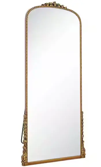 Antique Gold Arched Floor Mirror – Carved PU Frame Full-Length Design