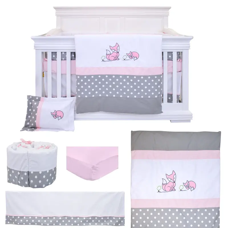 Baby Fox Whimsical 7-Piece Nursery Bedding Set – Pink and Grey