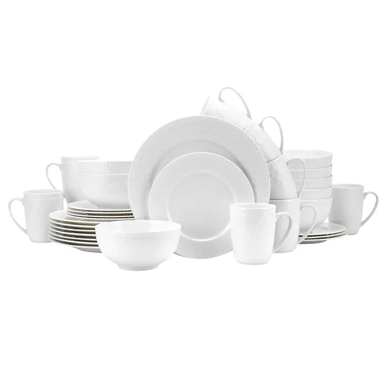 Basket-Embossed Bone China Dinnerware – 32-Piece Round Formal Tableware Collection