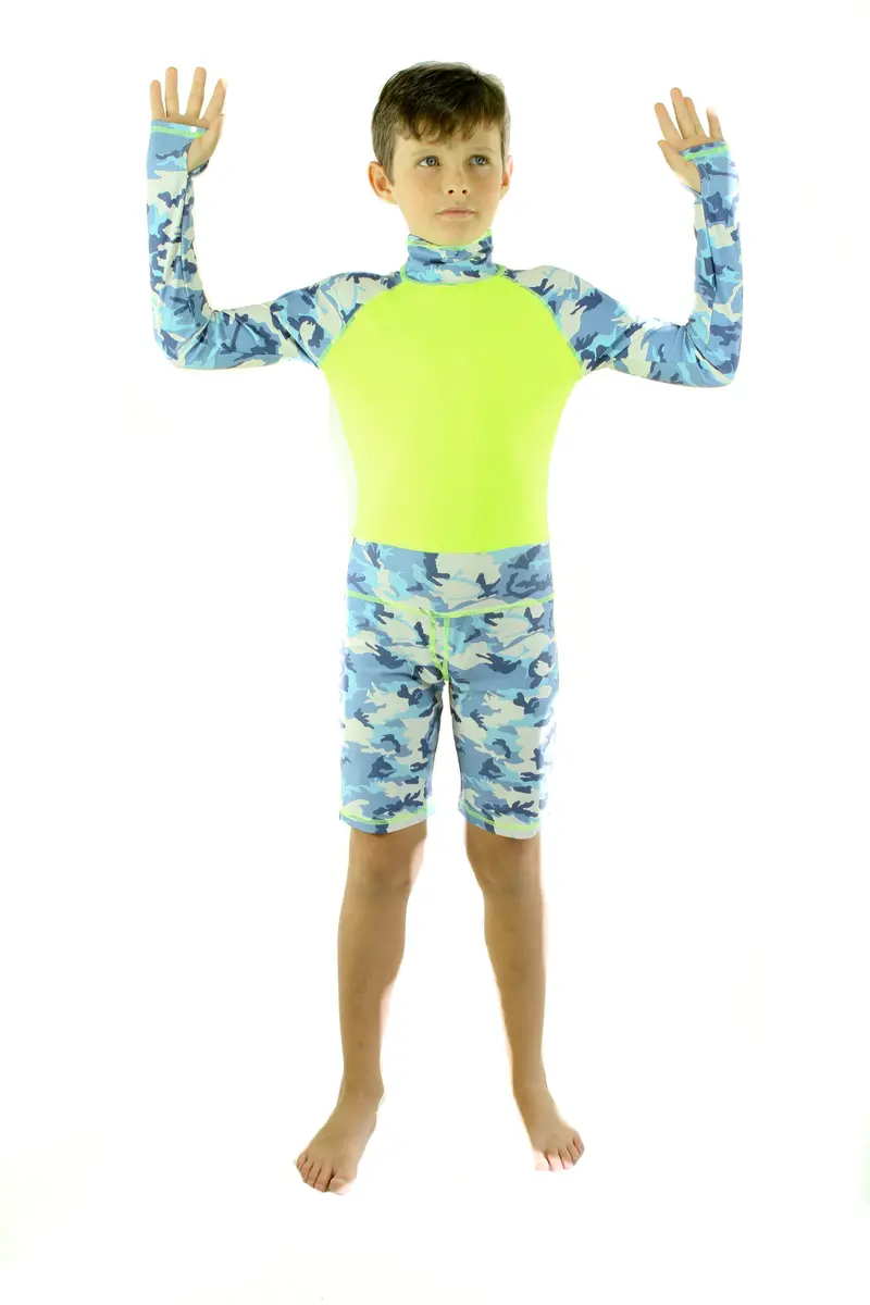 Boys’ Blue Camo with Yellow Trim UPF 50+ Short Swim Suit