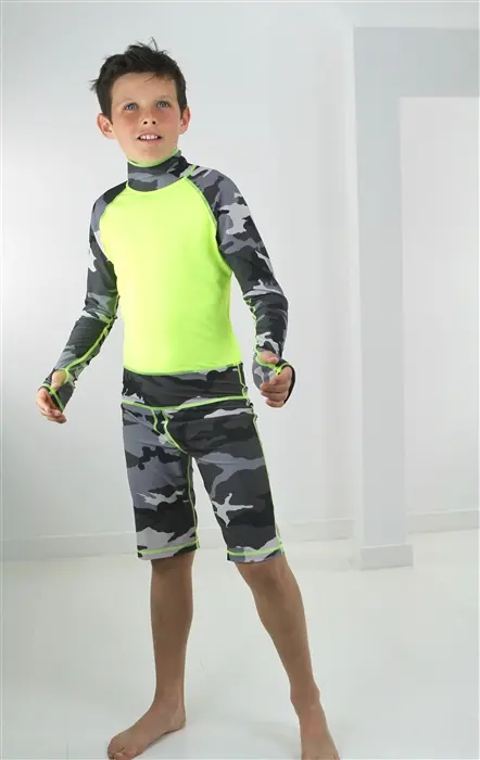 Boys’ Grey & Yellow Camo UPF 50+ Short-Body Swim Suit
