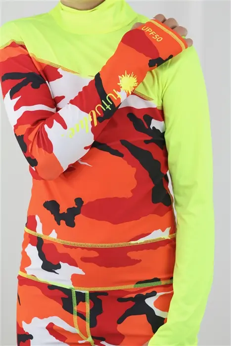 Boys’ Red Camo UPF 50+ Full-Coverage Swim Suit with Yellow Accents