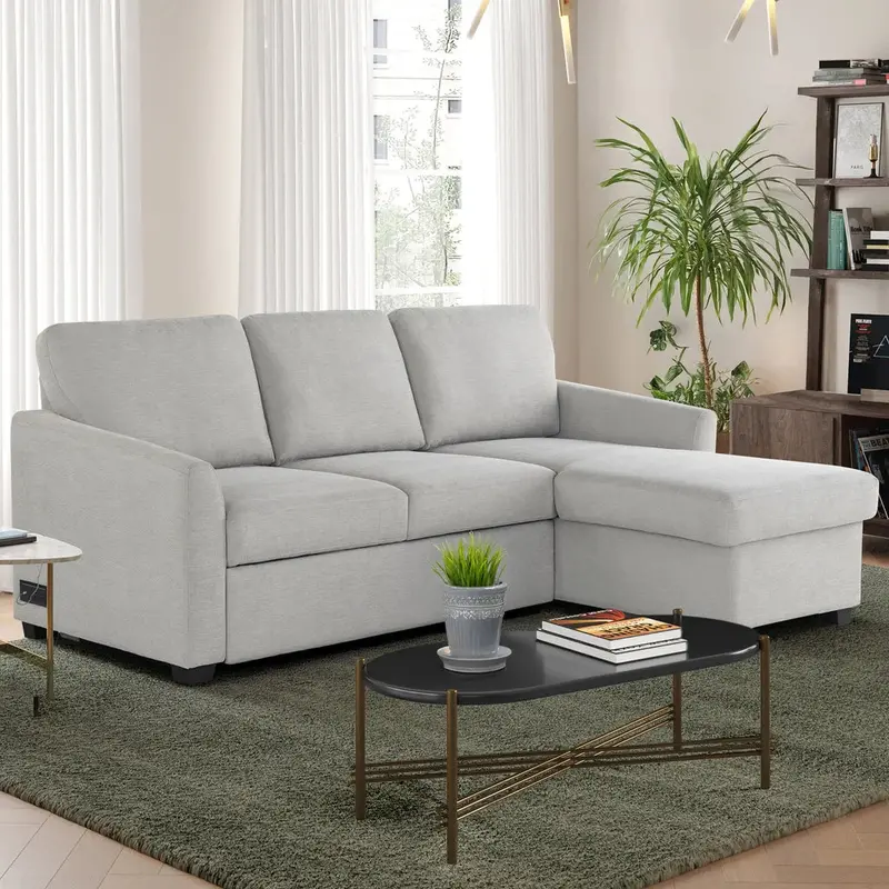 Cameron Beige Convertible Sofa with Reversible Chaise & Integrated Storage