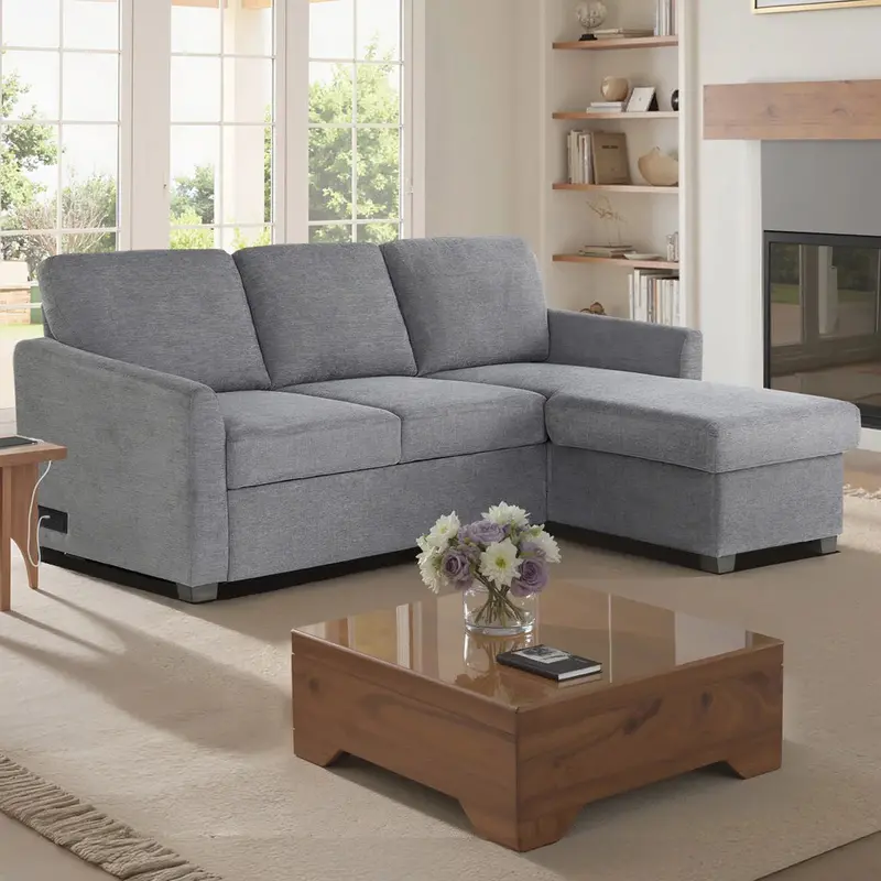 Cameron Gray Convertible Sofa with Reversible Chaise & Hidden Storage