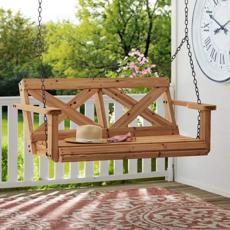 Cedar Farmhouse-Style Porch Swing – Light Brown Finish