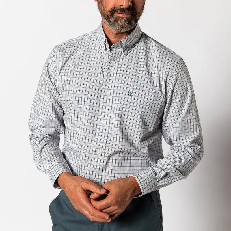 Duck Head Long Sleeve Performance Poplin Shirt for Men – Edison Plaid in Forest Green