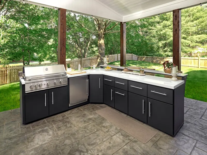 Emory Corner Outdoor Kitchen Island – Bar-Left Configuration with Built-In Grill