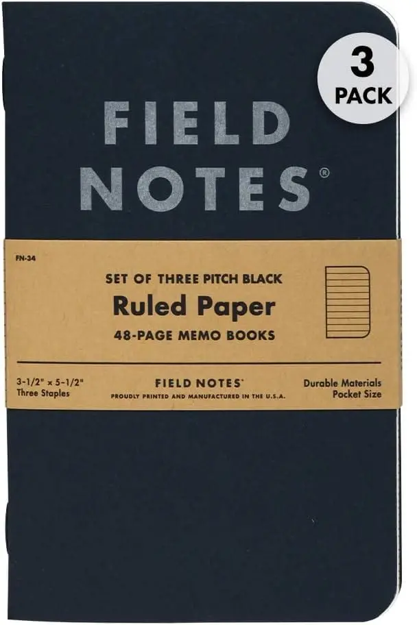 Field Notes Pitch Black Memo Book – Ruled 3-Pack, Smudge-Resistant