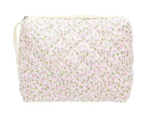 Floral Pink Quilted Toiletry Bag – Compact Makeup Organizer