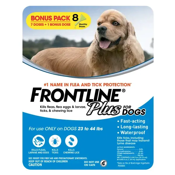 Frontline Plus Flea & Tick Treatment for Medium-Large Dogs (23–44 lb), 8-Dose Pack