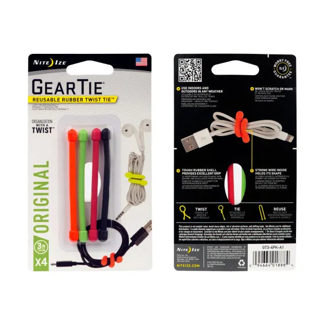 Gear Tie Reusable Twist Ties – 3-Inch, 4-Pack