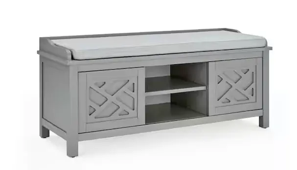 Gray Wood Storage Bench – 20″ Height, Upholstered Cushion Included