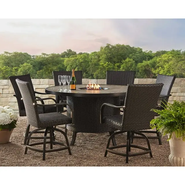 Heritage Round Balcony Fire Pit Dining Set – 7-Piece Outdoor Ensemble