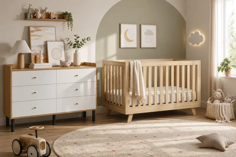 Karlie Modern Natural Wood Crib and Dresser Nursery Set