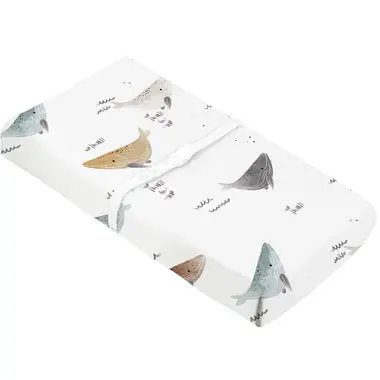 Kushies Whale-Print Percale Changing Pad Cover with Safety Slits