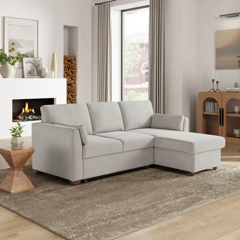 Luke Beige Fabric Sleeper Sofa with Reversible Chaise and Hidden Storage