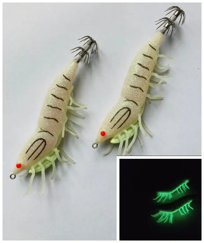 Luminous Shrimp-Style Squid Jigs – 2-Pack, White, 3.5″