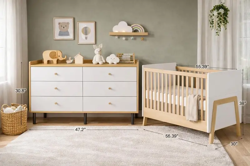 Margot Nursery Set: Crib + 6-Drawer Dresser in Natural Wood & White