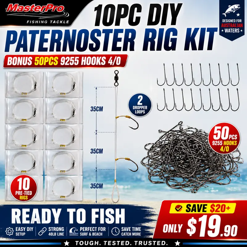 MasterPro DIY Paternoster Rig Kit – 10-Piece + 50-Pack 4/0 Hooks for Surf Fishing