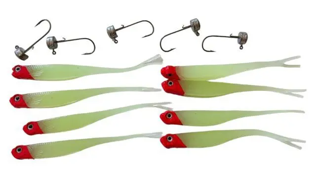 MasterPro Luminescent Redhead Fork-Tail Minnow Lures – 8pcs (13cm, 8.5g) + 5 Jig Heads