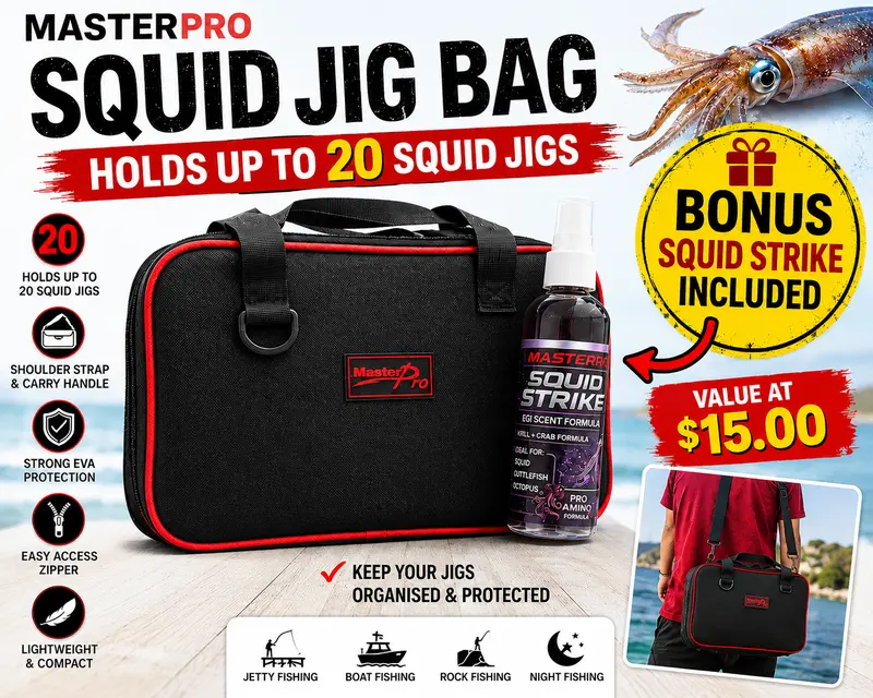 MASTERPRO Squid Jig Carry Bag – Holds Up to 20 Egi Jigs + Complimentary Squid Attractant Scent