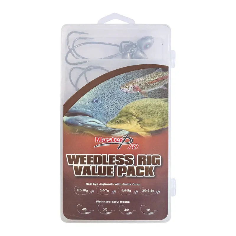 MasterPro Weedless EWG Jig Head Kit – 24-Piece Saltwater & Freshwater Rig System with Red Eye Hooks and Tackle Box