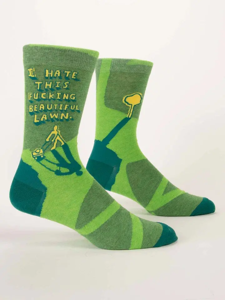 Men’s Witty ‘I Hate This F**king Beautiful Lawn’ Crew Socks – Blue Q