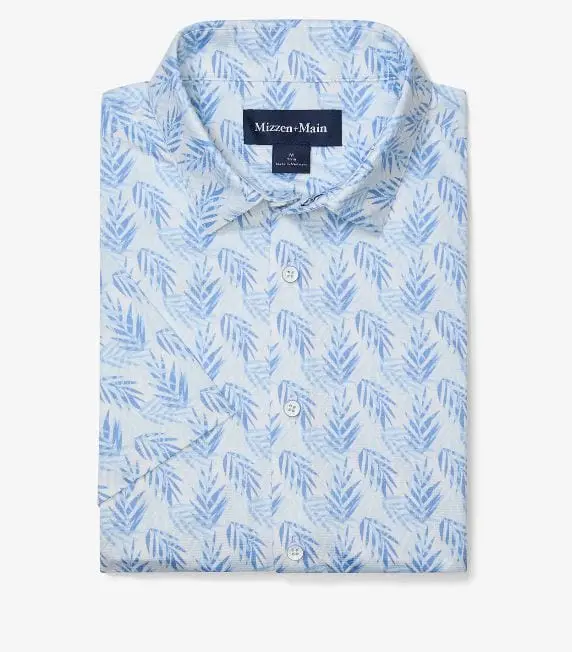 Mizzen + Main Halyard No-Tuck Dress Shirt – Light Blue Palm Print, Short Sleeve