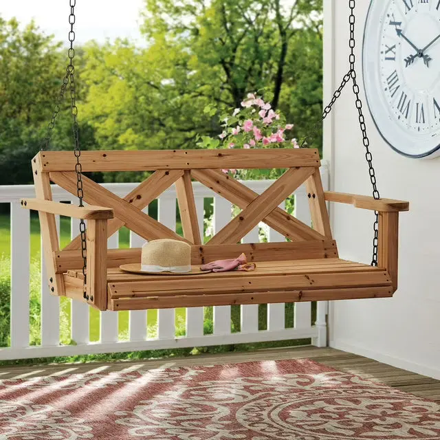 Natural Cedar Farmhouse-Style Porch Swing with Rustic Charm