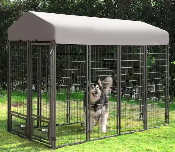 Outdoor Dog Enclosure with Rotating Feeding Door and Weather-Resistant Frame