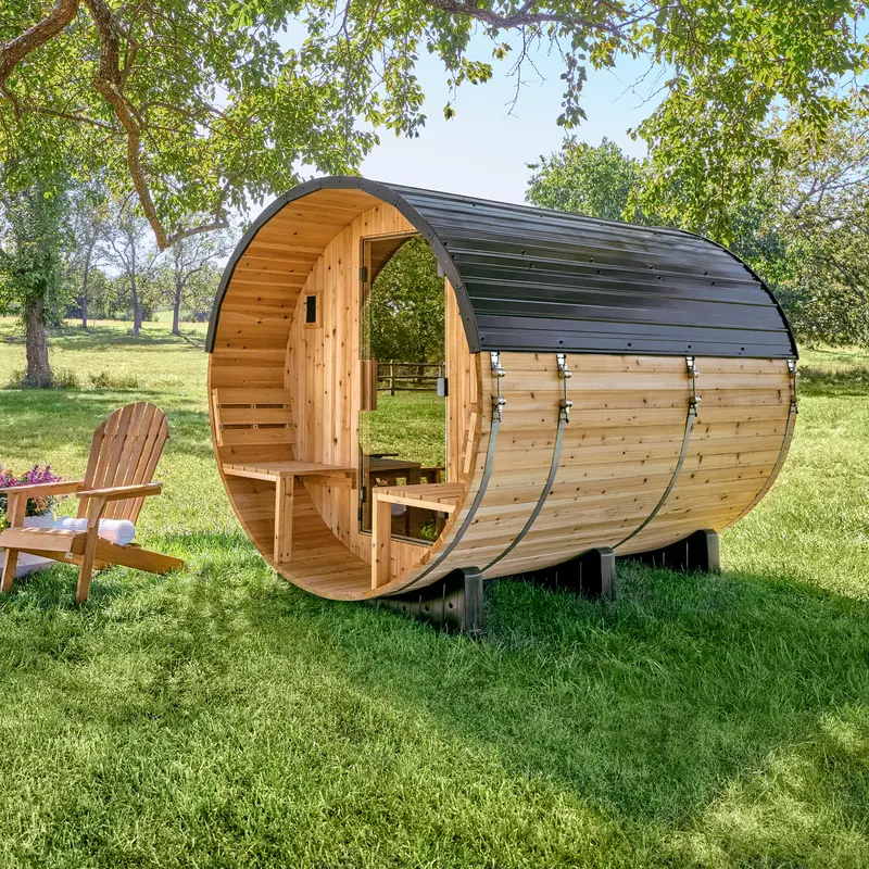 Paxton Barrel Sauna with Extended Porch – 4–6 Person Outdoor Model