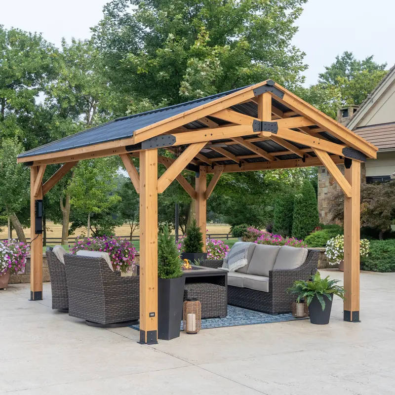 Peak Roof 14 ft x 12 ft Gazebo with Angled Timber-Style Roof