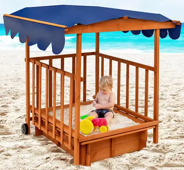 Rectangular Retractable Wooden Sandbox with Protective Cover