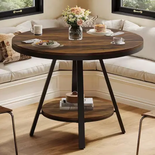 Round Wood Dining Table with Integrated Shelving – 35″ Diameter, Brown & Black Finish