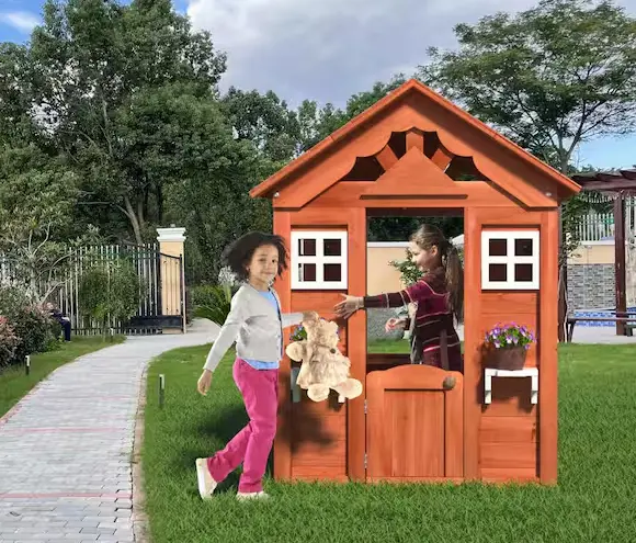 Rustic Outdoor Wooden Playhouse for Children with Functional Windows