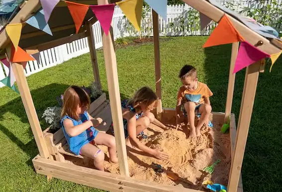 Sandbox-Integrated Wooden Outdoor Playhouse for Kids