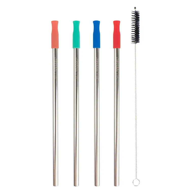 Set of 4 Stainless Steel Reusable Straws with Silicone Tips