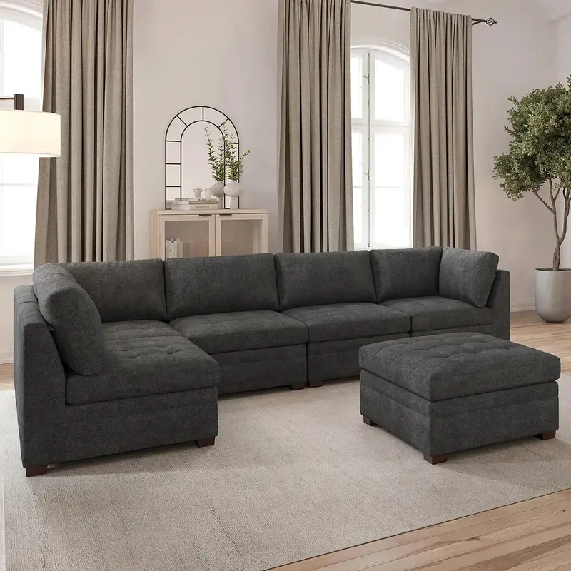 Tisdale Dark Gray 6-Piece Modular Sectional with Integrated Storage Ottoman