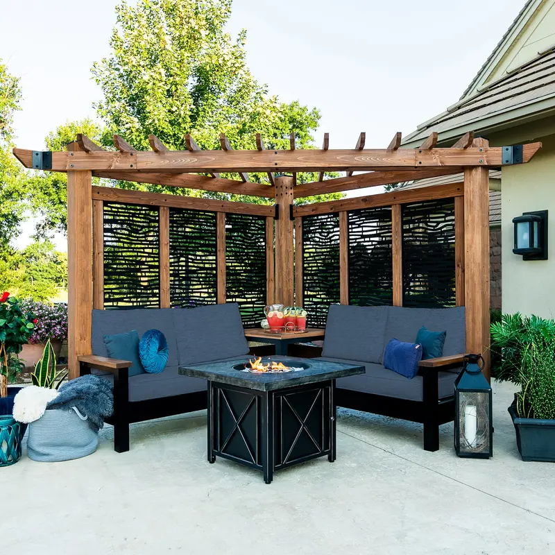 Tuscany Corner Pergola with Built-In Conversation Seating and Bamboo Panel Sides