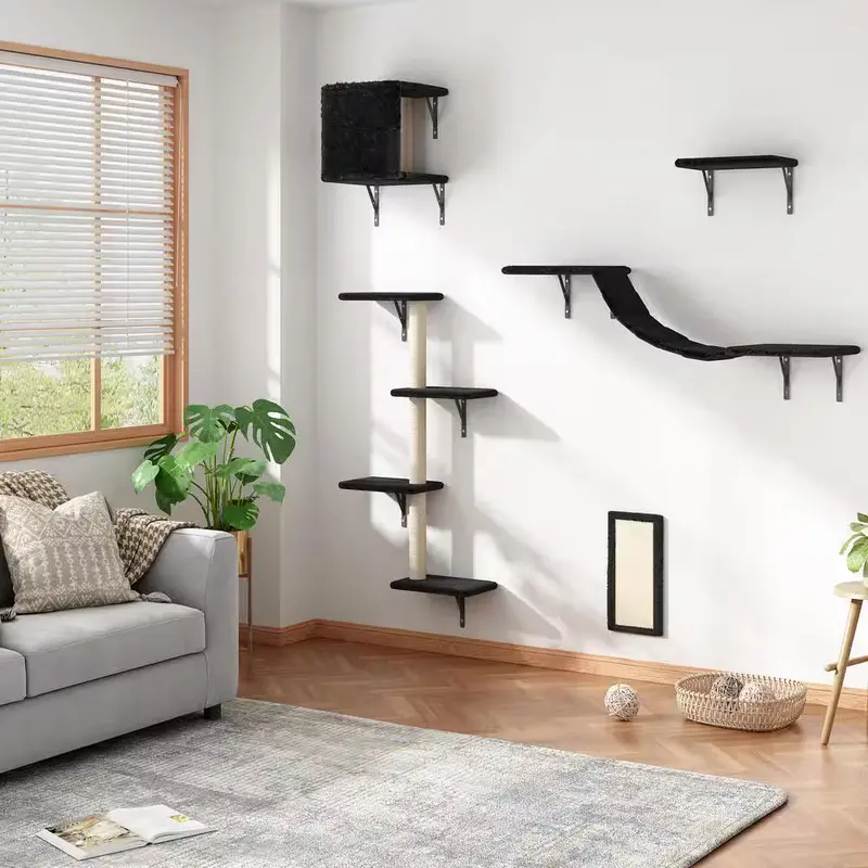 Wall-Mounted Floating Cat Tree with Integrated Shelves