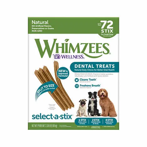 Whimzees Natural Dental Chew Sticks for Dogs – 72-Count Oral Care Pack