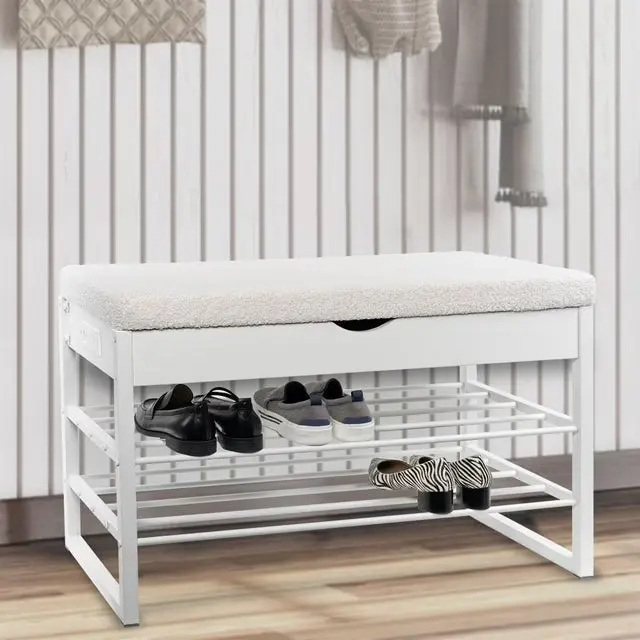 White Upholstered Storage Bench with Built-In USB Charging Station